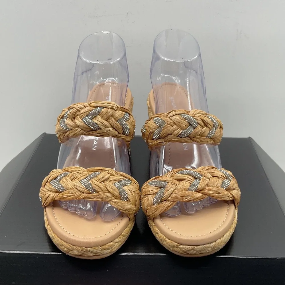 Stuart Weitzman Braided Raffia Crystal Wedge Sandals Natural Tan Women Size 8